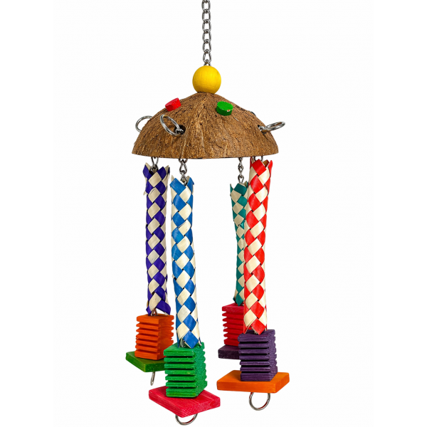 Juguete colgante multicolor para pájaros con coco natural Juguetes para aves