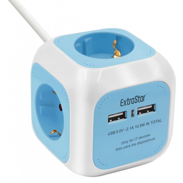 EXTRASTAR Regleta Enchufe 6 en 1 – 4 Tomas + 2 Puertos USB | Cubo Multienchufe de 1,5 m | 3680W / 16A – Azul Iluminación led y accesorios