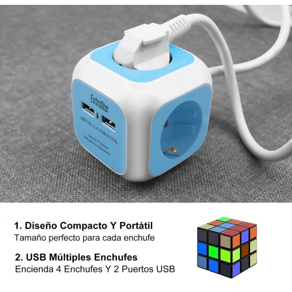 EXTRASTAR Regleta Enchufe 6 en 1 – 4 Tomas + 2 Puertos USB | Cubo Multienchufe de 1,5 m | 3680W / 16A – Azul Iluminación led y accesorios