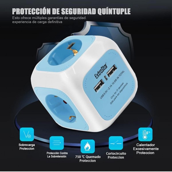 EXTRASTAR Regleta Enchufe 6 en 1 – 4 Tomas + 2 Puertos USB | Cubo Multienchufe de 1,5 m | 3680W / 16A – Azul Iluminación led y accesorios