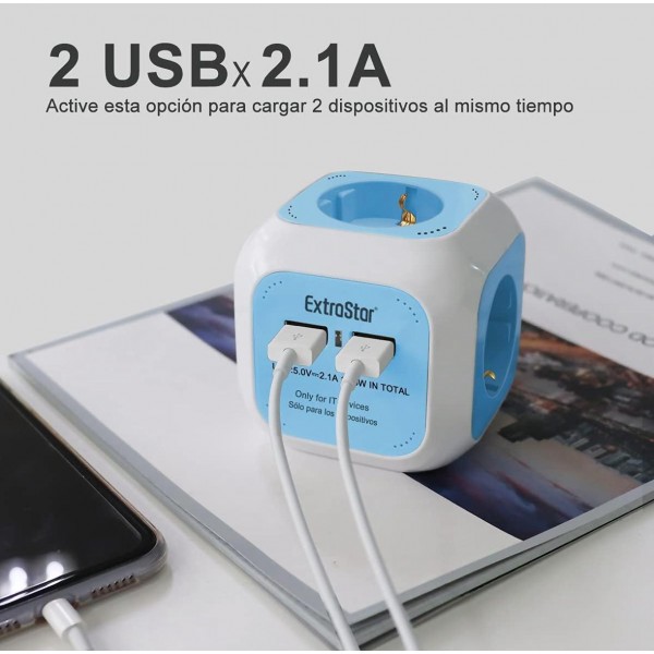 EXTRASTAR Regleta Enchufe 6 en 1 – 4 Tomas + 2 Puertos USB | Cubo Multienchufe de 1,5 m | 3680W / 16A – Azul Iluminación led y accesorios