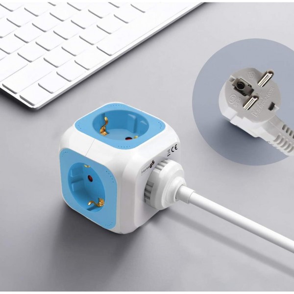 EXTRASTAR Regleta Enchufe 6 en 1 – 4 Tomas + 2 Puertos USB | Cubo Multienchufe de 1,5 m | 3680W / 16A – Azul Iluminación led y accesorios