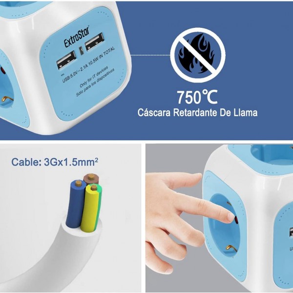 EXTRASTAR Regleta Enchufe 6 en 1 – 4 Tomas + 2 Puertos USB | Cubo Multienchufe de 1,5 m | 3680W / 16A – Azul Iluminación led y accesorios
